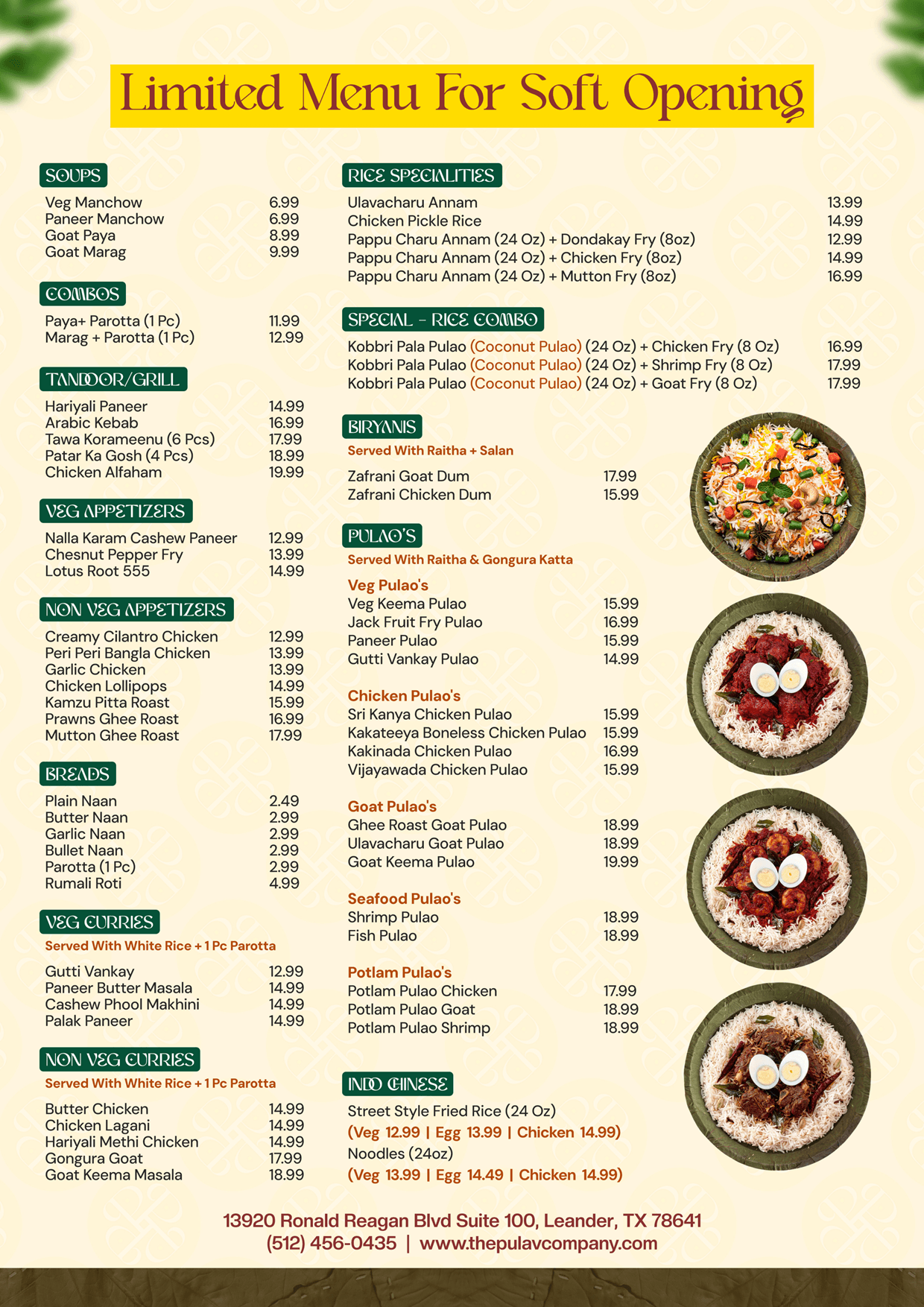 Austin Limited Menu For Soft Opening - The Pulao Company