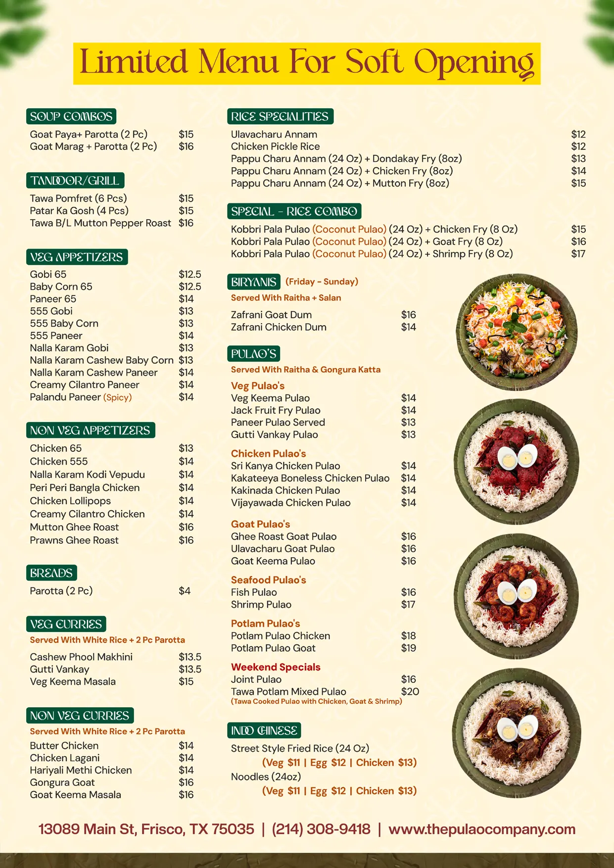 Frisco Limited Menu For Soft Opening - The Pulao Company
